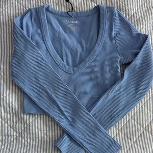 Garage Light Blue Ribbed V-Neck Long Sleeve Top